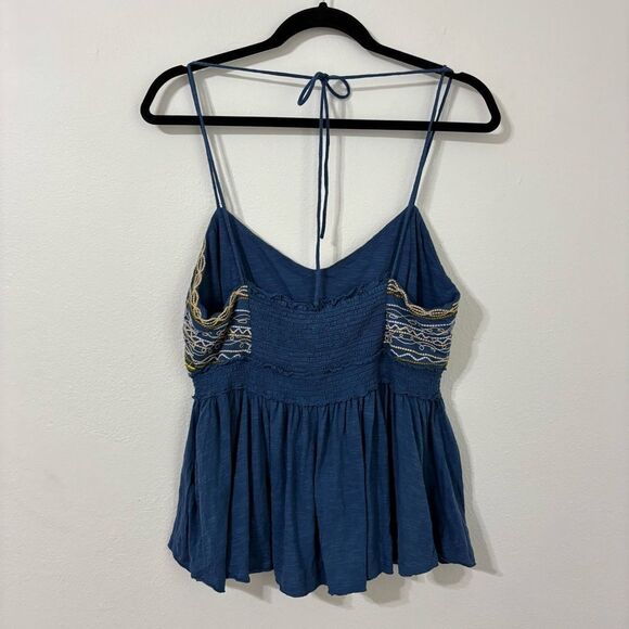 Free People XL Blue Babydoll Cami Top Cotton Linen Blend Embroidered Boho Hippie - Picture 13 of 14